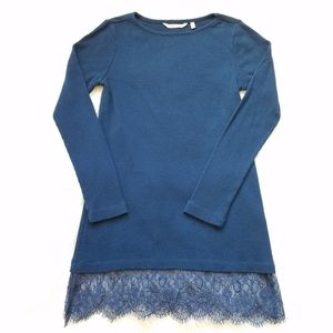 Soft Surroundings Naomi Waffle Knit Lace Hem Blue Top